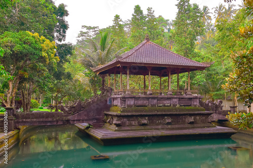 Gazebo in the middle of the lake at Pura Tirta Empul. Bali, Indonesia