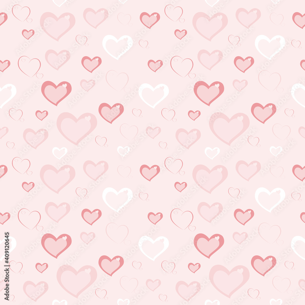 Seamless pattern with pink hearts on pale pink background for fabric, paper, scrapbooking, wrapping. Love, valentines day.