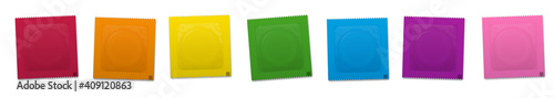 Condoms packaging, rainbow colored rubbers packed in plastic sachets, one for each day of the week. Isolated vector illustration on white background.
