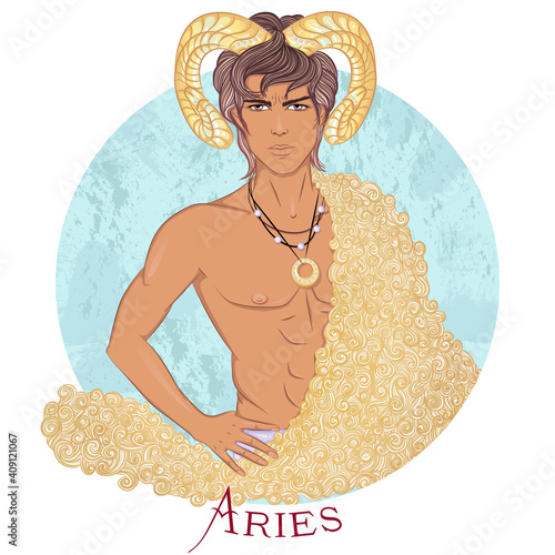 Zodiac. Vector illustration of the astrological sign of Aries as a beautiful man with swarthy skin and naked torso. Sign inscribed in a round shape isolated on white background. Fashion man