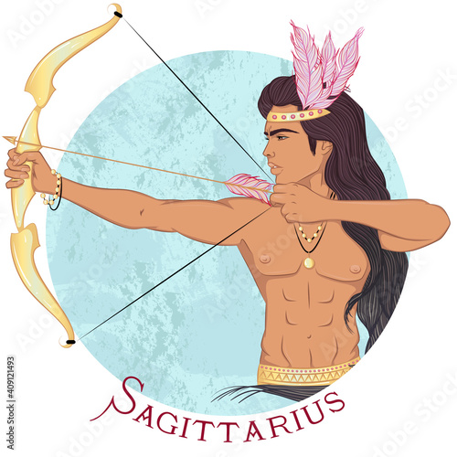 Zodiac. Vector illustration of the astrological sign of Sagittarius as a beautiful man with swarthy skin and naked torso. Sign inscribed in a round shape isolated on white background. Fashion man