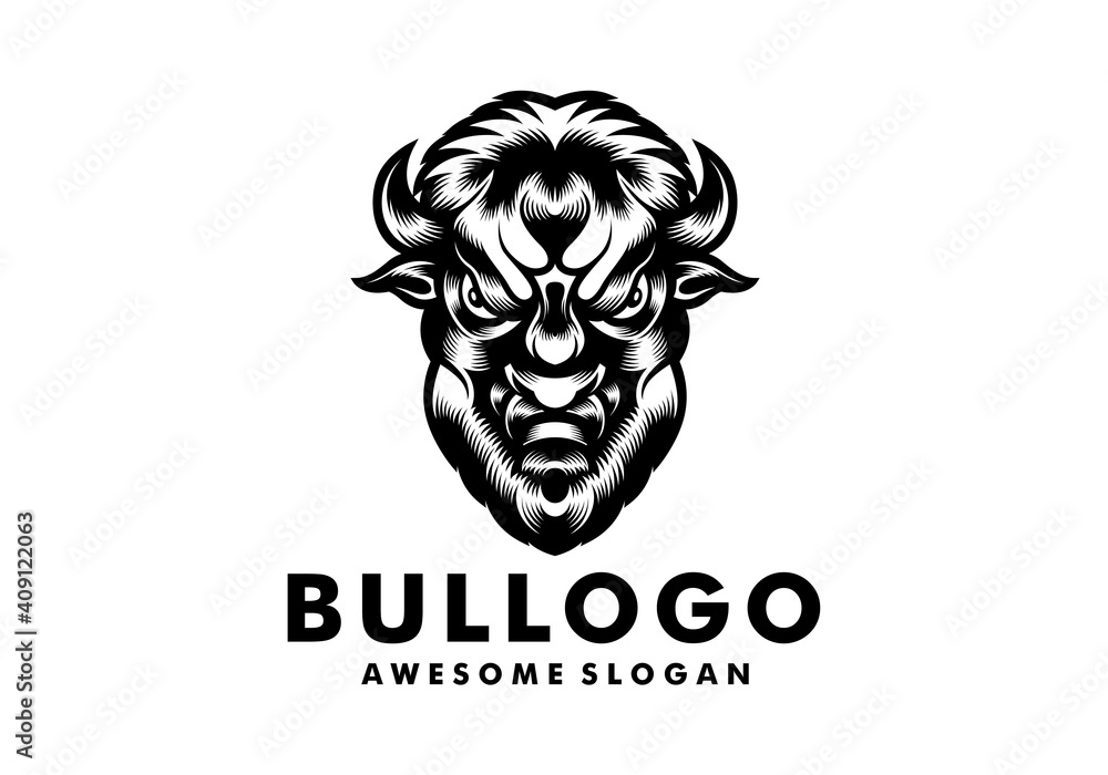 Awesome Bull Head Black And White Logo Illustration