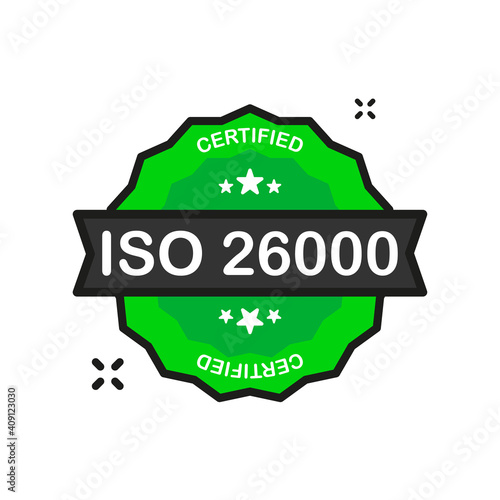 ISO 26000 Certified badge Certification green Stamp icon in flat style on white background. Vector illustration.
