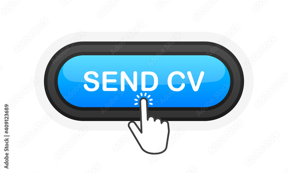 Send CV blue realistic 3D button isolated on white background. Hand clicked. Vector illustration. Send CV blue realistic 3D button isolated on white background. Hand clicked. Vector illustration.