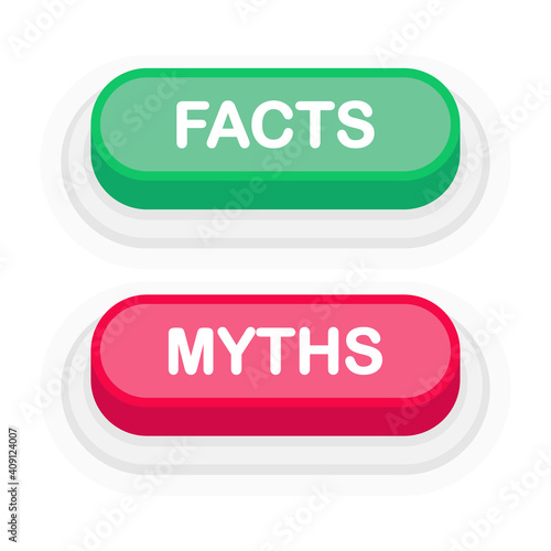 Facts or Myths green or red realistic 3D button isolated on white background. Hand clicked. Vector illustration.