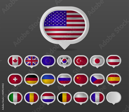 European flags realistic flags collection in map point design. Made in European. Vector illustration.