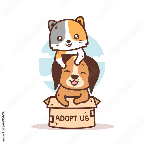 cute kitten and puppy in the box