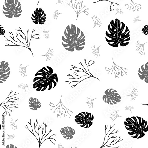 Fototapeta Naklejka Na Ścianę i Meble -  Vector tropical leaves seamless repeat pattern design background. Perfect for modern wallpaper, fabric, 
home decor, and wrapping projects.