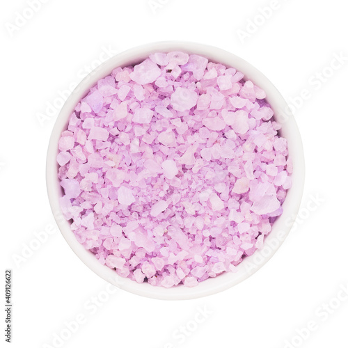 SPA concept. Lavender bath salt in bowl isolated over white background with clipping path
