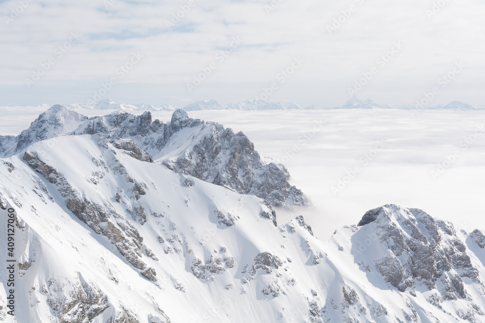 Sunny Dachstein Mountains Above The Sea Of Fog
