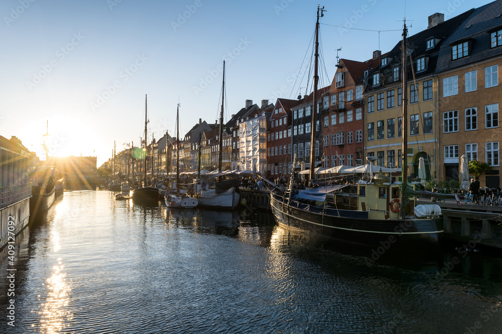 Copenhagen, Denmark on the Nyhavn Canal at beautiful sunset