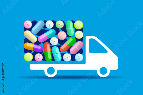 White truck icon and various capsules, tablets and pills