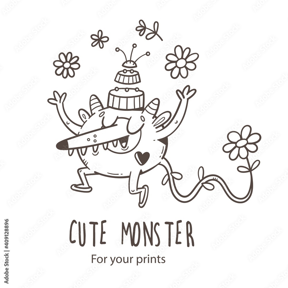 Card with  cute cartoon monster and  flowers. Vector illustration for kids. Funny doodle creature print. Line art poster.