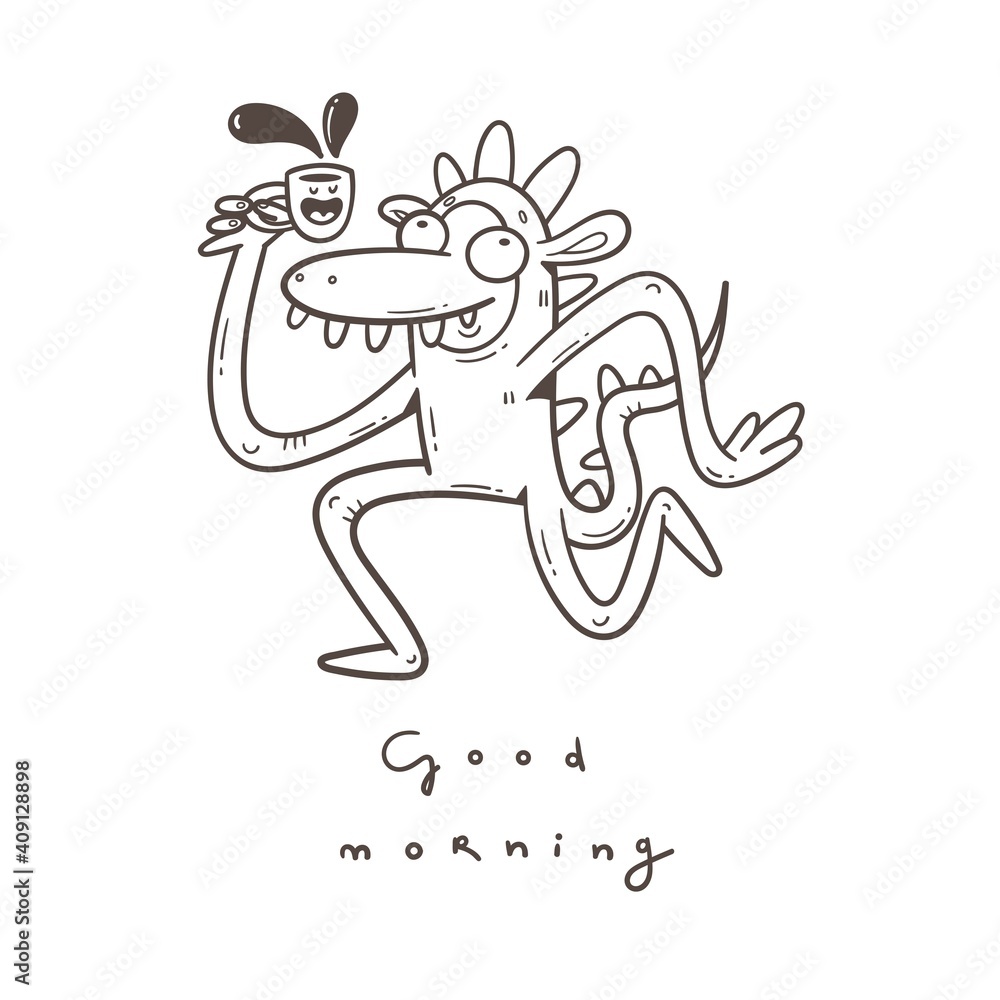 Card with  cute cartoon monster and  cup of coffee. Good morning wishes. Funny doodle creature print. Line art poster.