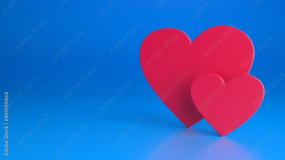 Red hearts on a blue background. Abstract heart. Love symbol. Romantic background for Valentines day. Isolated on a blue background. Festive decoration element. 3d render illustration