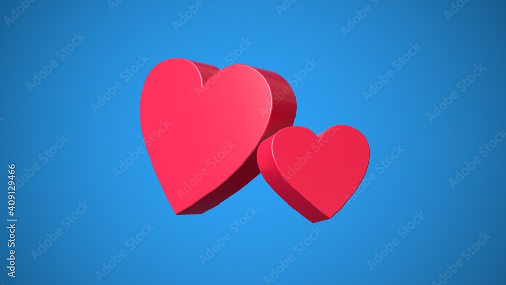 Red hearts on a blue background. Abstract heart. Love symbol. Romantic background for Valentines day. Isolated on a blue background. Festive decoration element. 3d render illustration