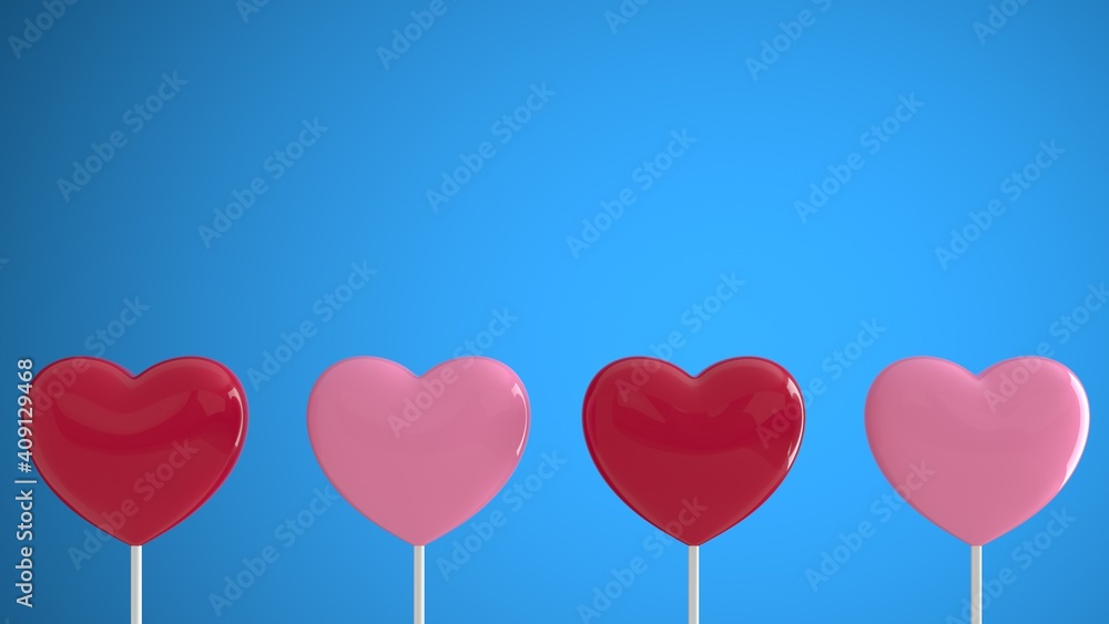 Red and pink hearts on a stick on a blue background. Love and Valentine Day concept. Isolated sweet dessert stick. Romantic love sugar caramel symbol. Banner poster template. 3d rendering