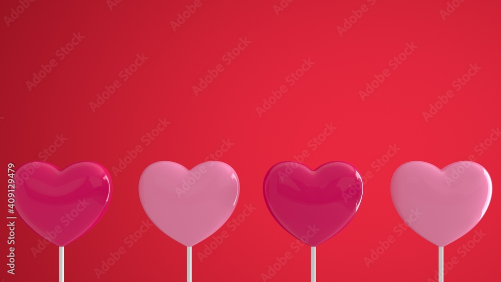Pink hearts on a stick on a red background. Love and Valentine Day concept. Isolated sweet dessert stick. Romantic love sugar caramel symbol. Banner poster template. 3d rendering