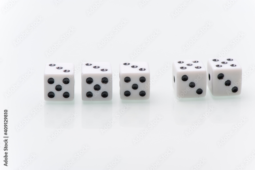 5 White Dice On White Background , Closeup 5 White Dice On White Background , Closeup