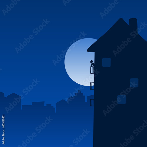 man stay at home standing on balcony in the night with big moon illustration vector