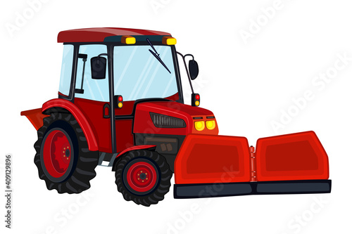 
Tractor with snowplow isolated on white background. Red snowplow truck. Winter snow removal machine. Snow grooming car.Winter service vehicle, seasonal work. Utility vehicle.Stock vector illustration