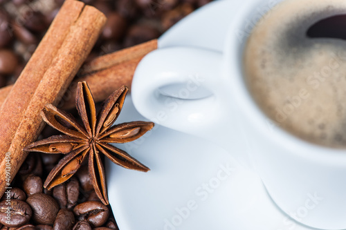 Coffee Cup Surrounded By Coffee Beans Decorated