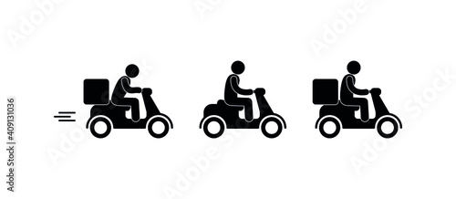 motorcyclist icons set, courier delivers parcel, isolated pictograms stick figure man rides
