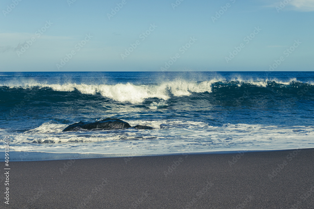 Atlantic ocean, strong waves, splashing, breaking on coast, rocks, volcanic island, Azores.