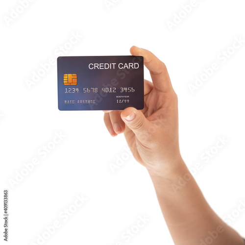 Credit card in hand isolated on white background