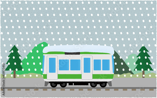 吹雪の中、山沿いを走る電車のベクターイラスト