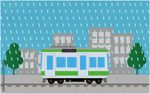 豪雨の中、都市を走る電車のベクターイラスト