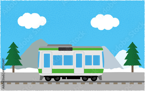 冬、山沿いを走る電車のベクターイラスト