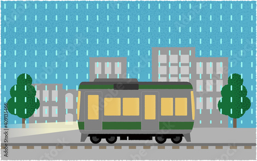 雨の中、ライトを点けて都市を走る電車のベクターイラスト
