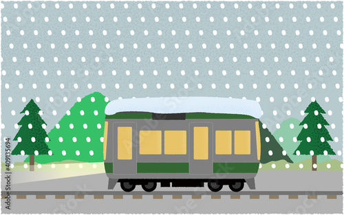 吹雪の中、ライトを点けて山沿いを走る電車のベクターイラスト