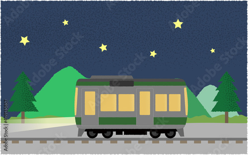 夜、ライトを点けて山沿いを走る電車のベクターイラスト