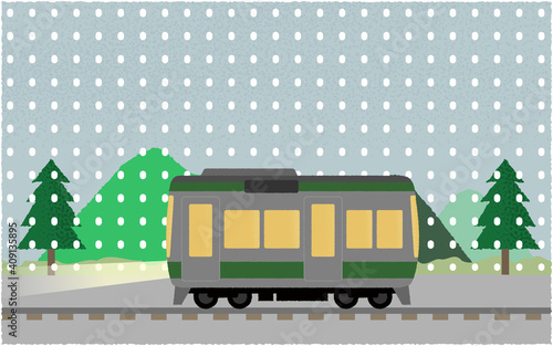 雪の中、ライトを点けて山沿いを走る電車のベクターイラスト