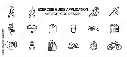 Simple Set of exercise sport tracker trainer Vector icon user interface graphic design. Contains such Icons as blood pressure monitor, heart beat, running, walking, scheduling, swimming, bicycling