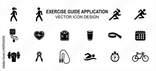 Simple Set of exercise sport tracker trainer Vector icon user interface graphic design. Contains such Icons as blood pressure monitor, heart beat, running, walking, scheduling, swimming, bicycling