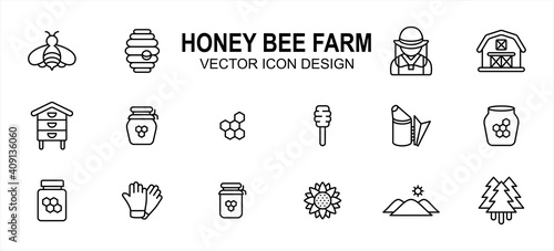 Simple Set of honey bee farm Vector icon user interface graphic design. Contains such Icons as honey nest, farmer, barn, honey comb, beehive, smoker, honey pot, honey jar, glove, flower, woods
