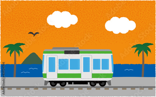 夕方、海沿いを走る電車のベクターイラスト
