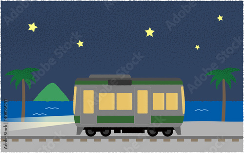 夜、ライトを点けて海沿いを走る電車のベクターイラスト