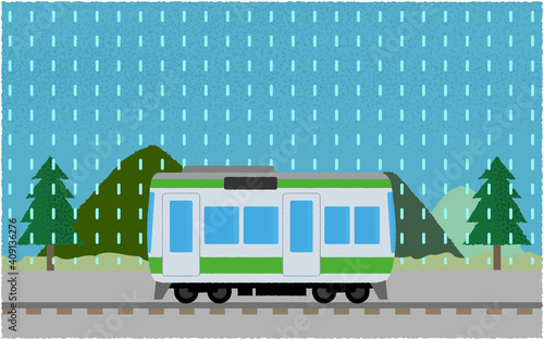 雨の中、山沿いを走る電車のベクターイラスト