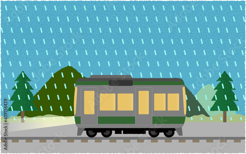 豪雨の中、ライトを点けて山沿いを走る電車のベクターイラスト