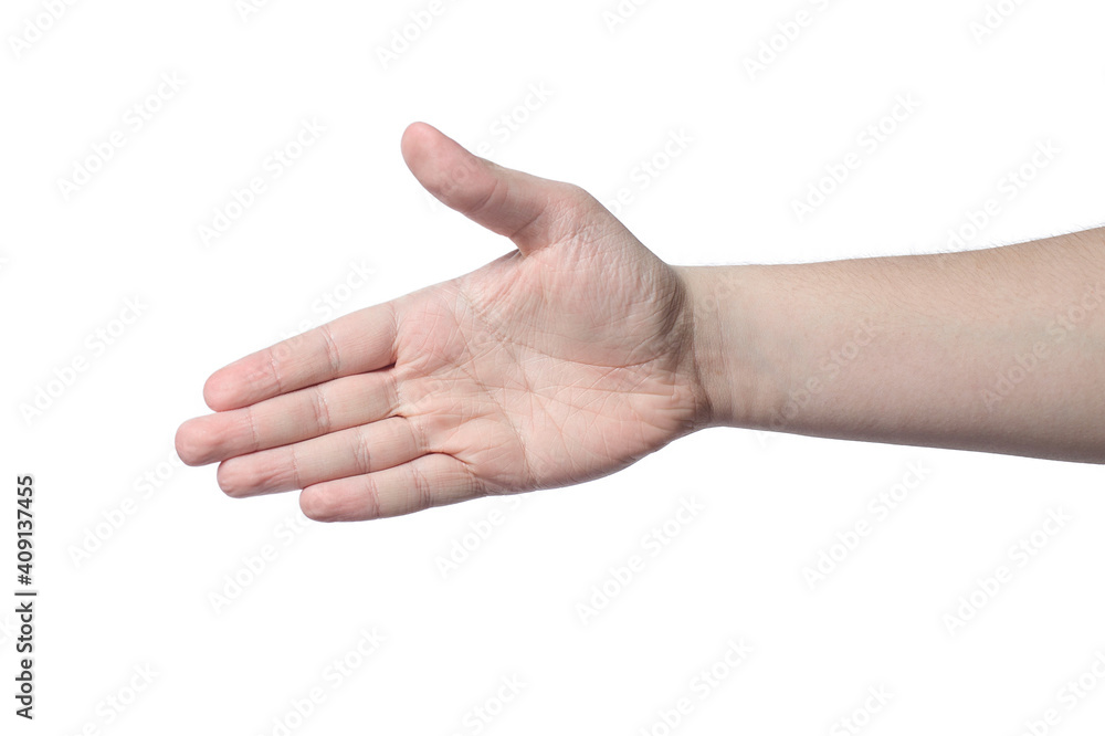 a hand gesture. male hand on white background