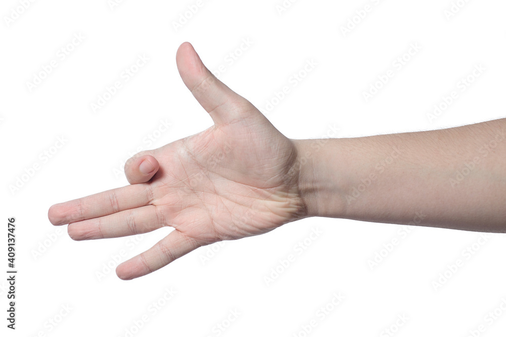 a hand gesture. male hand on white background a hand gesture. male hand on white background