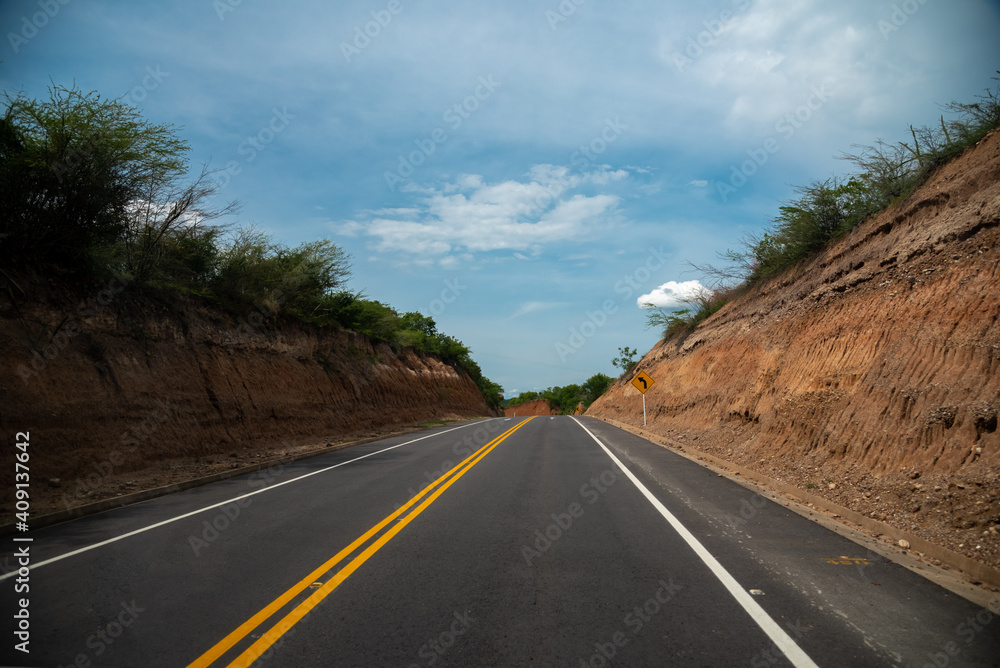 Naklejka premium Vanishing point on the country road in a warm climate landscape. Colombia.