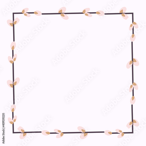 square frame made of willow twigs. Square Easter Frame.Vector flat illustration isolated on a white background. Design for invitations, postcards, printing.