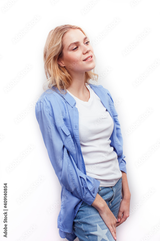 young pretty stylish blond hipster girl posing emotional isolated on white background happy smiling cool smile, lifestyle people concept young pretty stylish blond hipster girl posing emotional isolated on white background happy smiling cool smile, lifestyle people concept