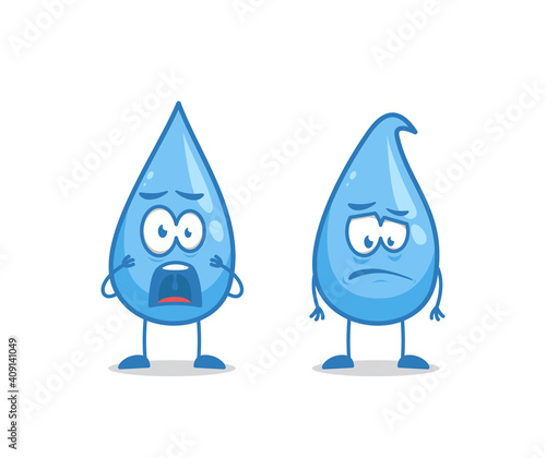 Shock afraid and disappointed water drop humanized cartoon character vector illustration mascot for world water day