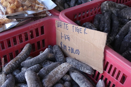 Dried white tiger sea cucumber used for food. Kota Kinabalu market.Sea cucumber used as folk medicine. Processed into this oil substance in one of the many gamat factories in Langkawi photo